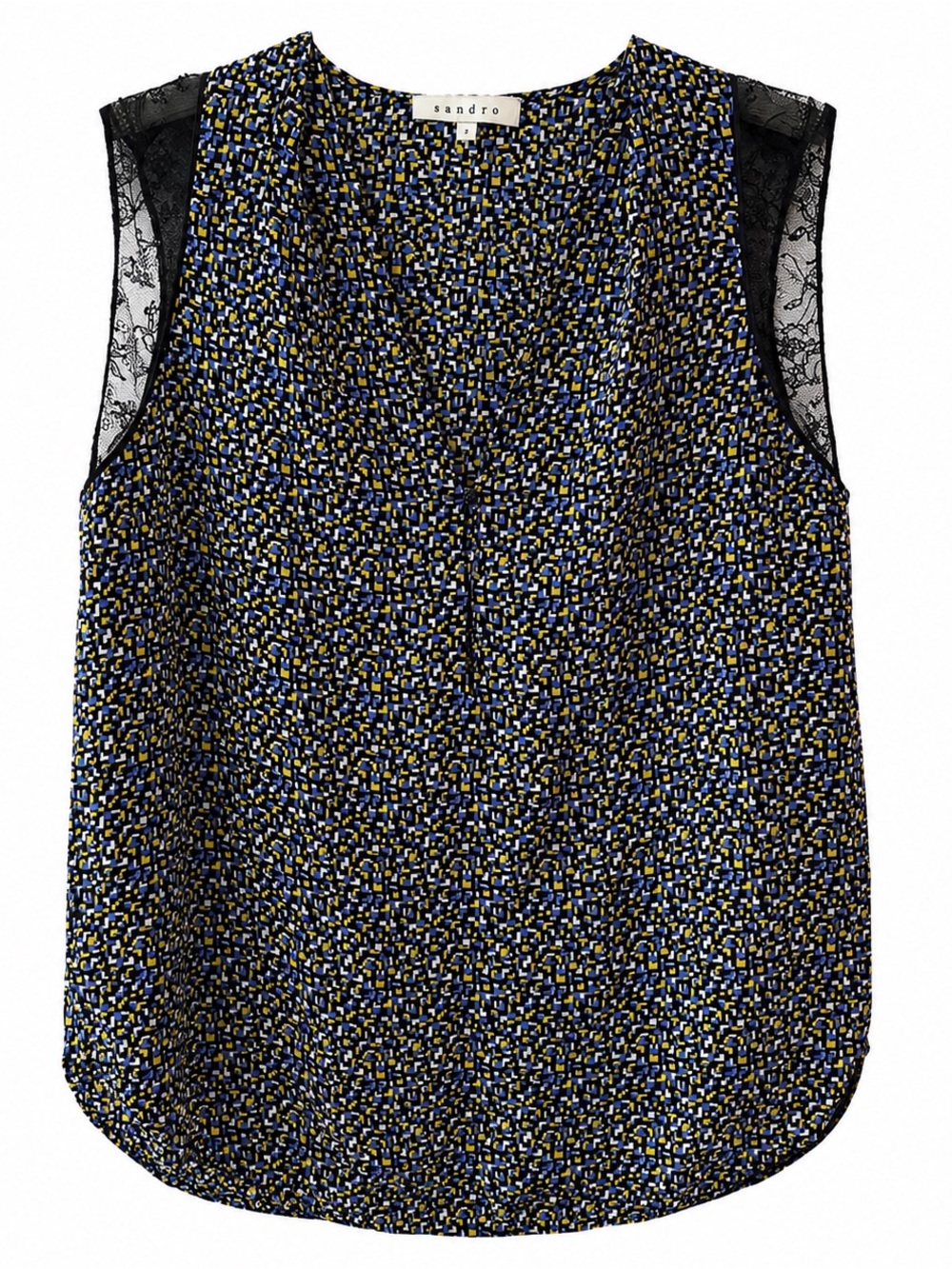 NWOT Sandro Silk Blouse in Graphic Print yellow blue white with Lace Detail – M